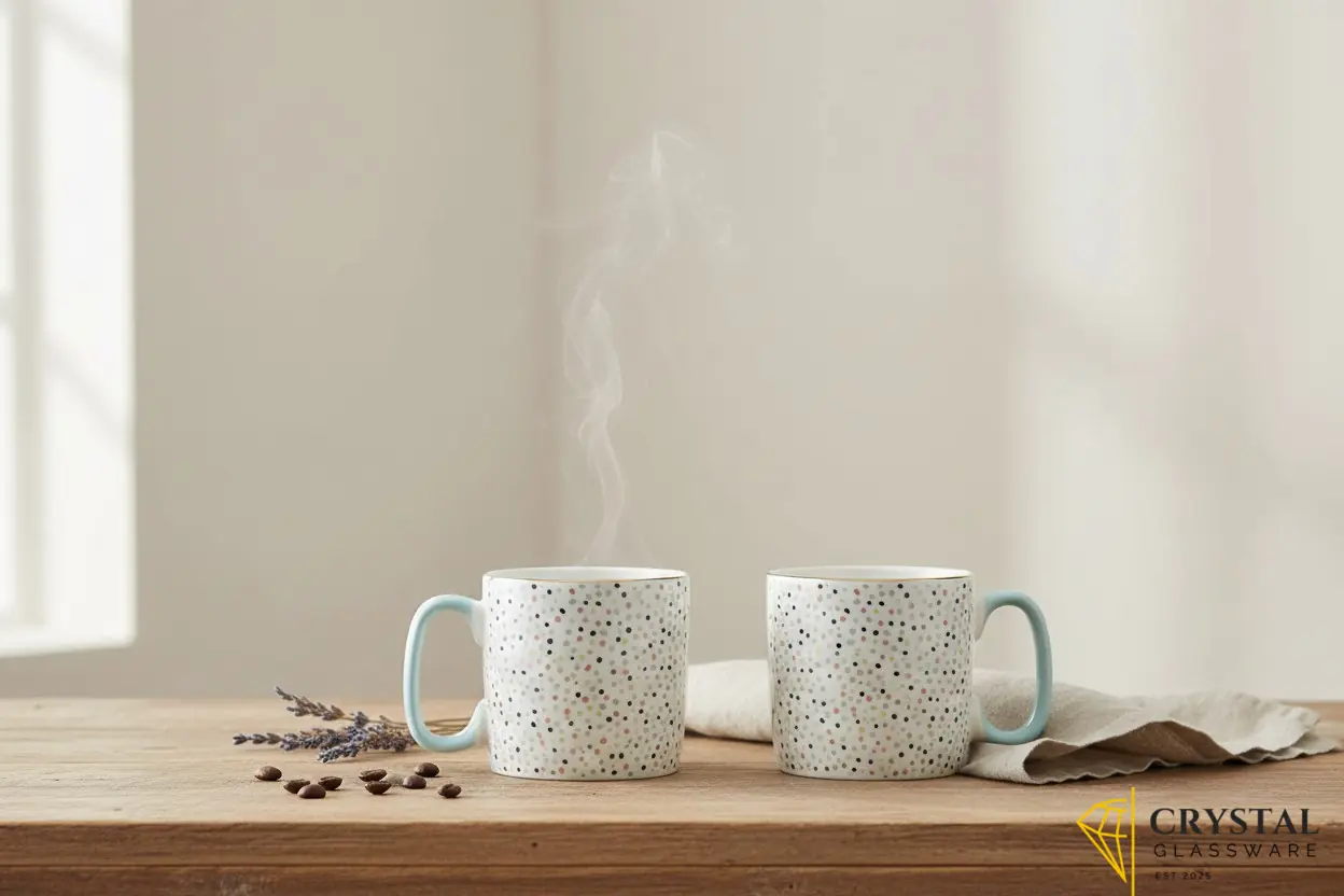 Danny Home Porcelain Mugs 2-Piece Gift Set featuring a playful multicolored speckled dot pattern and pastel handles